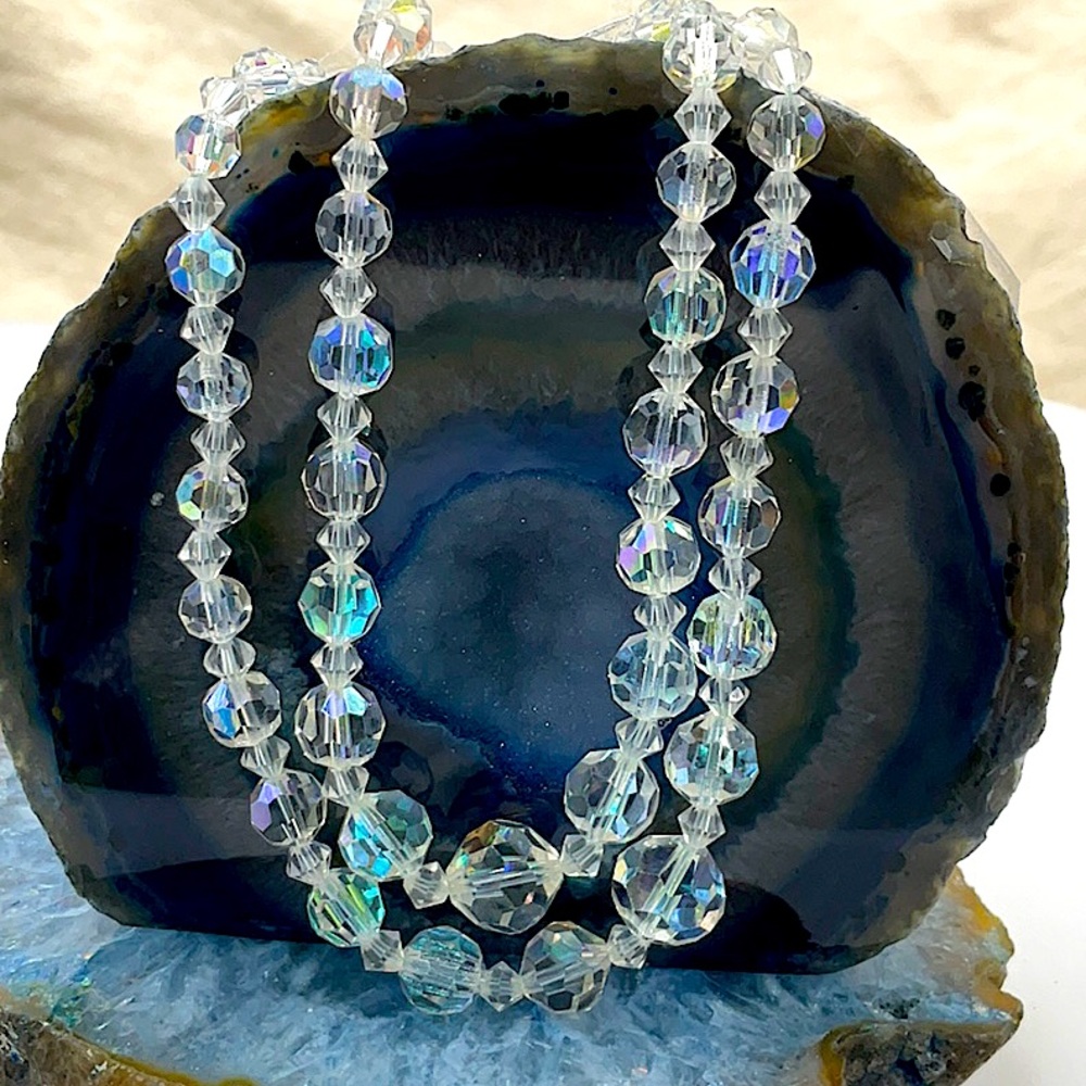 Vintage 14” 1930’s Double Strand Glass Aurora Borealis Crystal Beaded Necklace - Picture 4 of 5